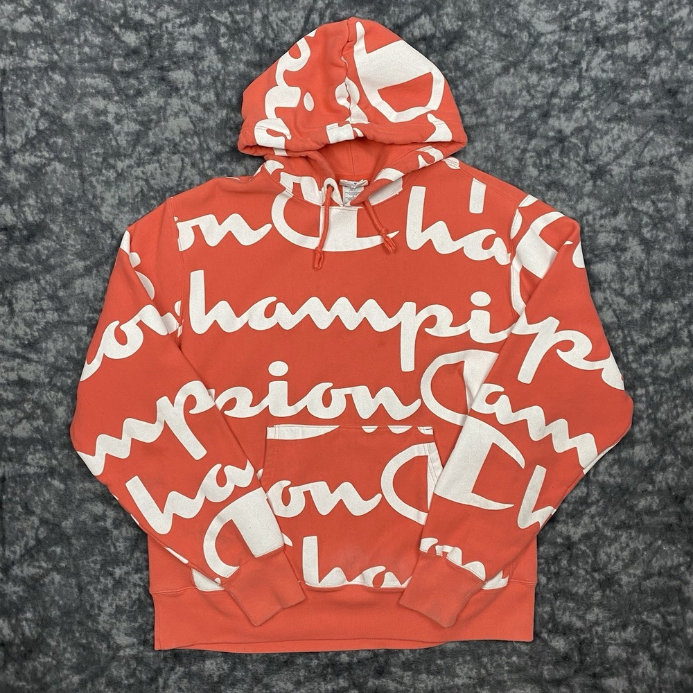 Champion Reverse Weave Sweatshirt Mens Size XL All Over Print Spellout Hoodie